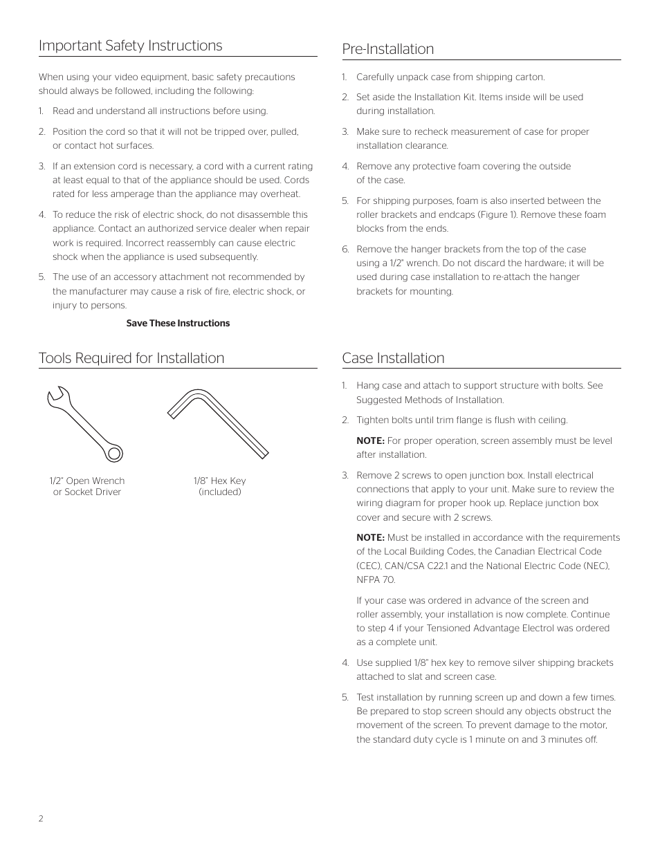 Tools required for installation, Case installation important safety instructions, Pre-installation | Da-Lite Tensioned Advantage Electrol User Manual | Page 2 / 12