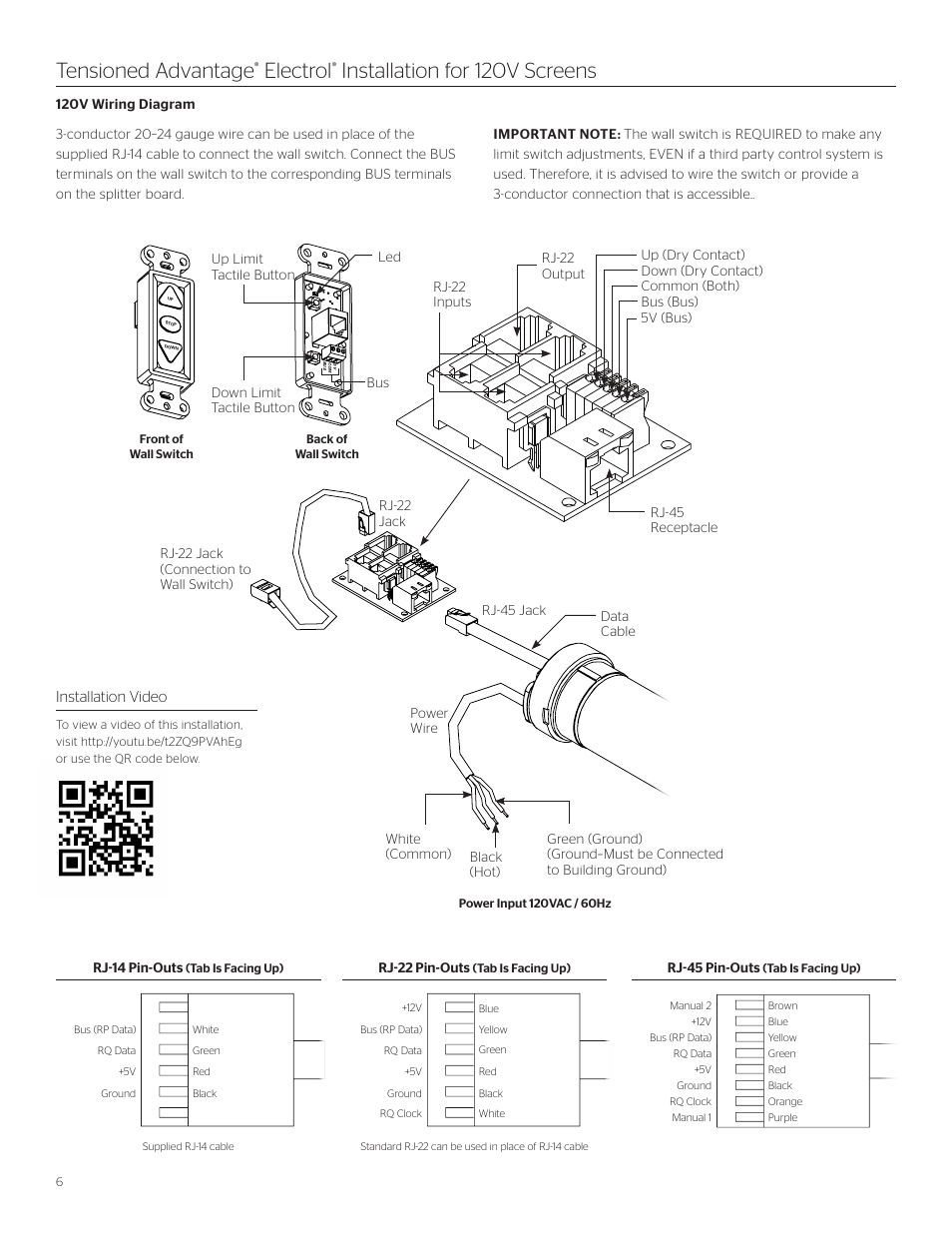 Tensioned advantage, Electrol, Installation for 120v screens | Installation video, Rj-22 pin-outs, Rj-45 pin-outs | Da-Lite Tensioned Advantage Electrol User Manual | Page 6 / 12