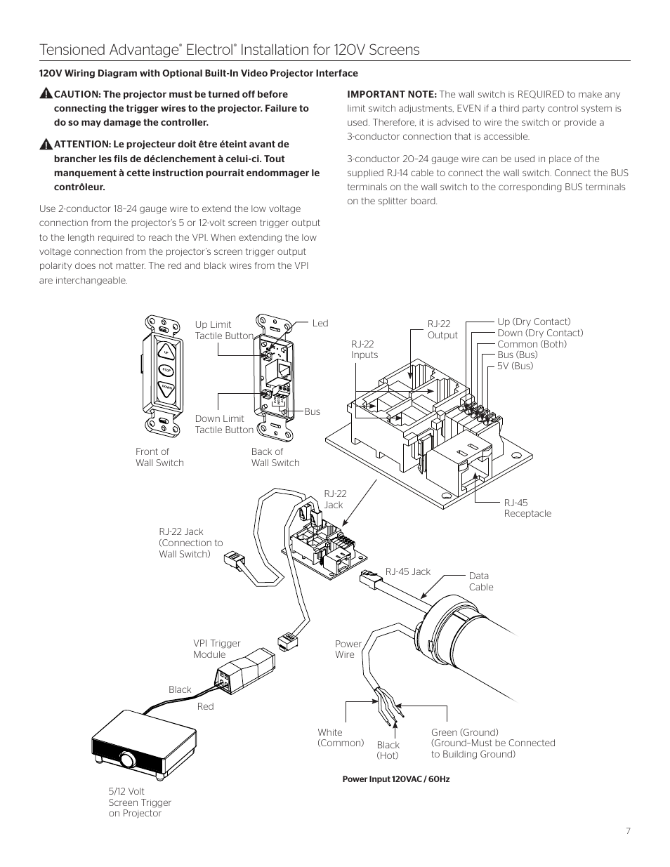 Tensioned advantage, Electrol, Installation for 120v screens | Front of wall switch bus | Da-Lite Tensioned Advantage Electrol User Manual | Page 7 / 12