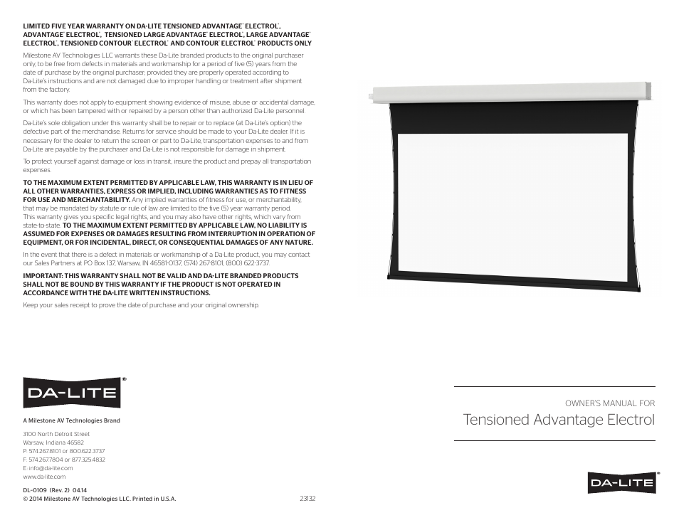 Da-Lite Tensioned Advantage Electrol User Manual | 2 pages