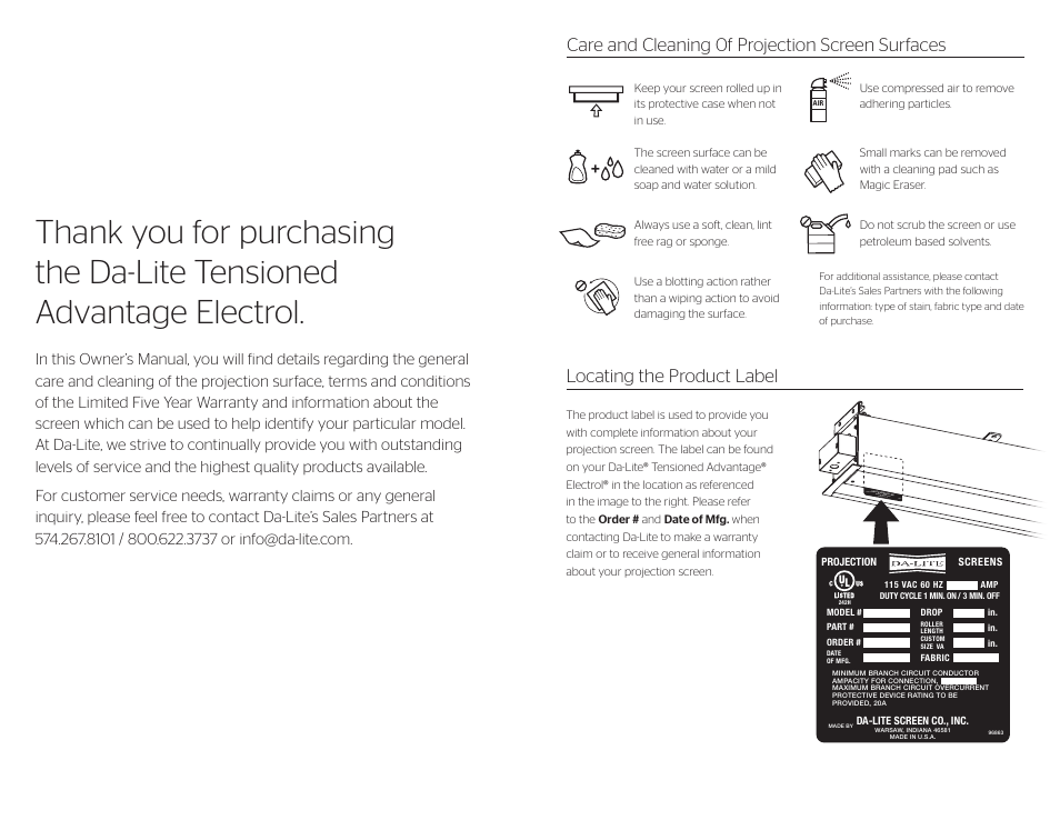 Da-Lite Tensioned Advantage Electrol User Manual | Page 2 / 2