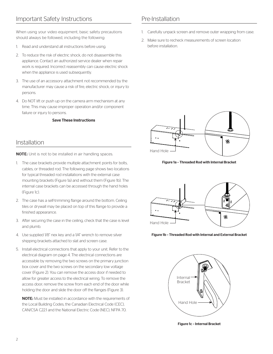 Installation important safety instructions, Pre-installation | Da-Lite Tensioned Conference Electrol User Manual | Page 2 / 8
