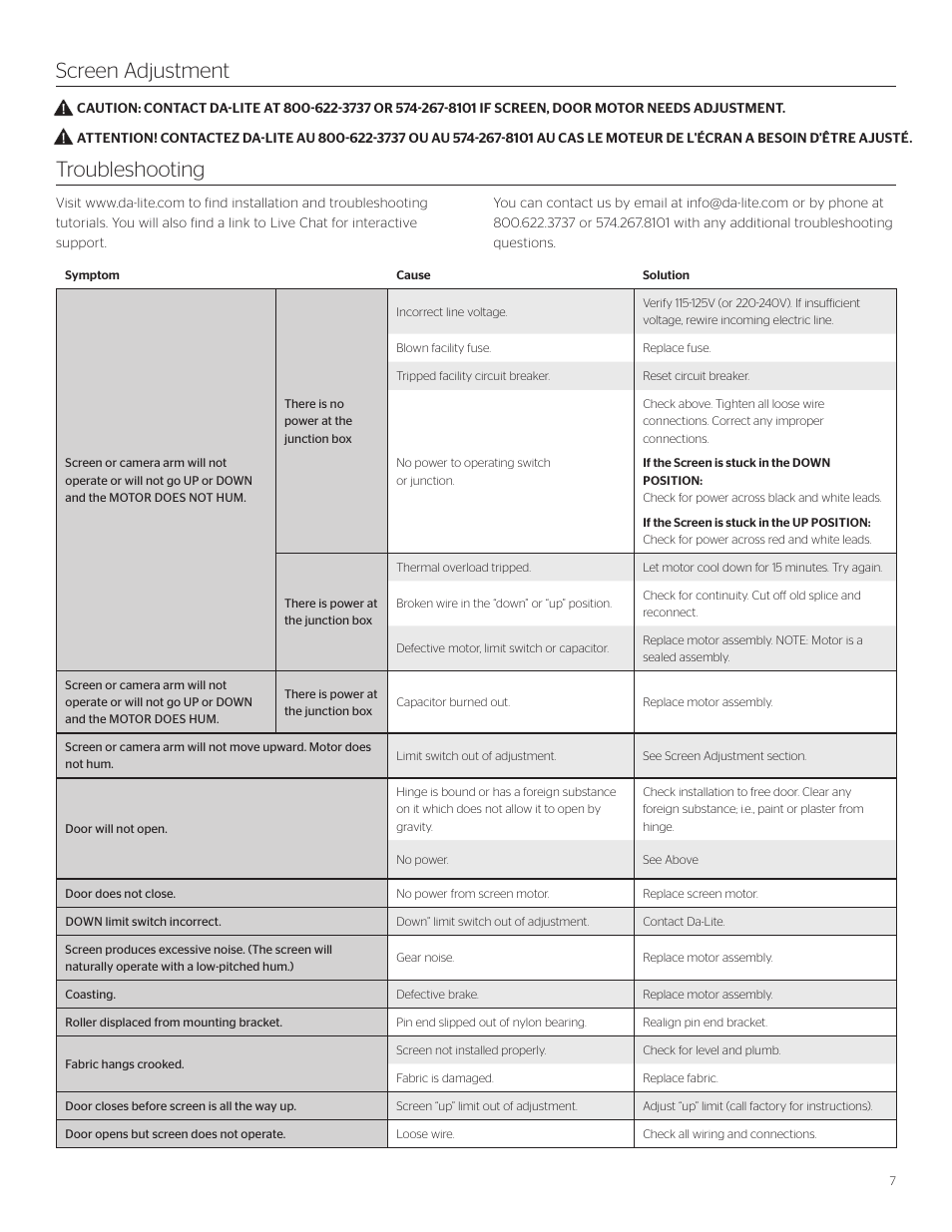 Troubleshooting screen adjustment | Da-Lite Tensioned Conference Electrol User Manual | Page 7 / 8
