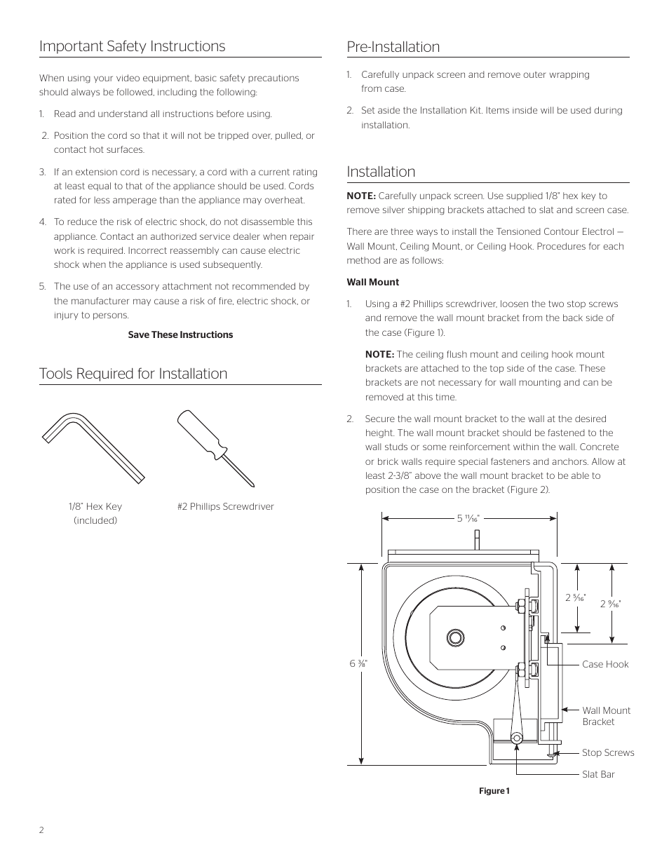 Tools required for installation, Installation important safety instructions, Pre-installation | Da-Lite Tensioned Contour Electrol User Manual | Page 2 / 12