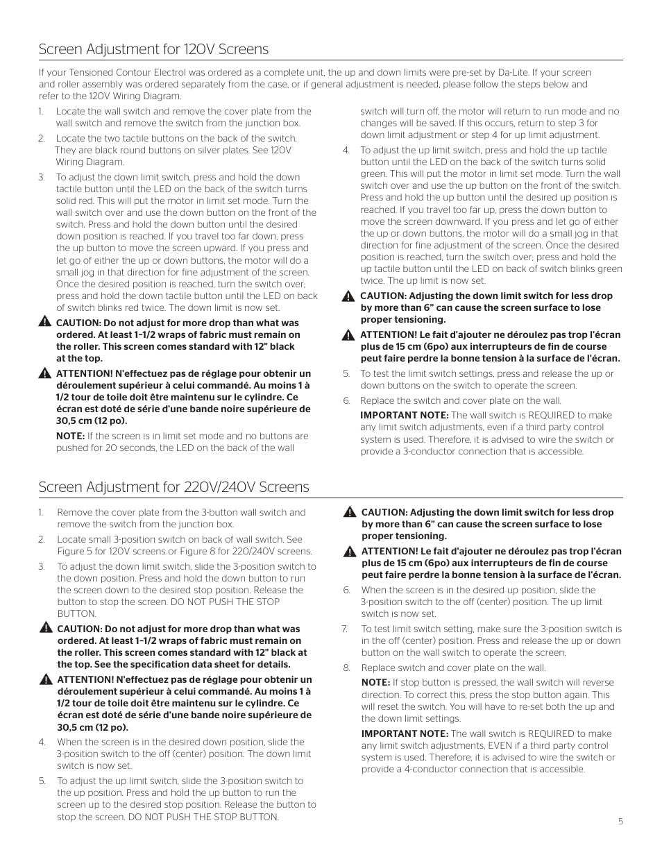 Screen adjustment for 120v screens | Da-Lite Tensioned Contour Electrol User Manual | Page 5 / 12