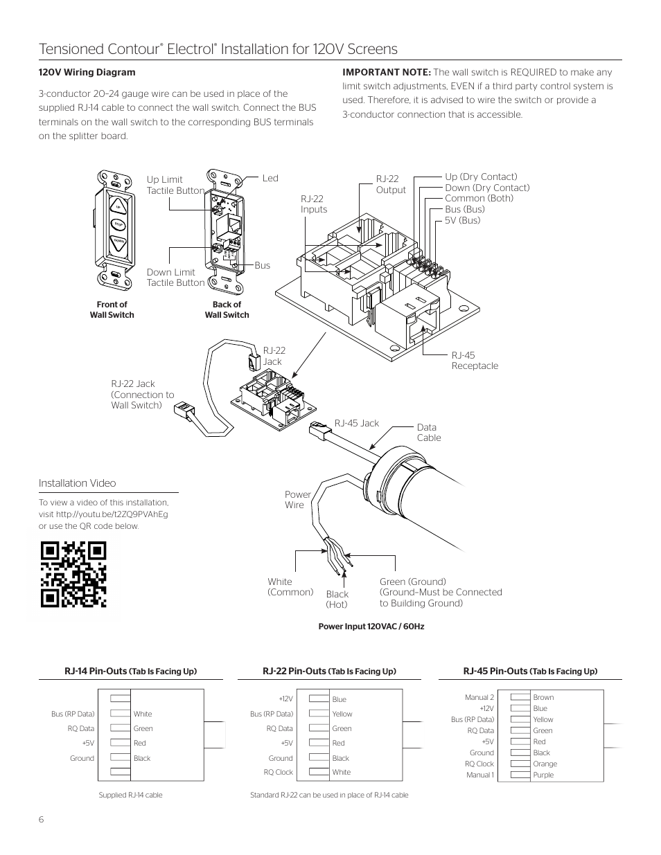 Tensioned contour, Electrol, Installation for 120v screens | Installation video, Rj-22 pin-outs, Rj-45 pin-outs | Da-Lite Tensioned Contour Electrol User Manual | Page 6 / 12