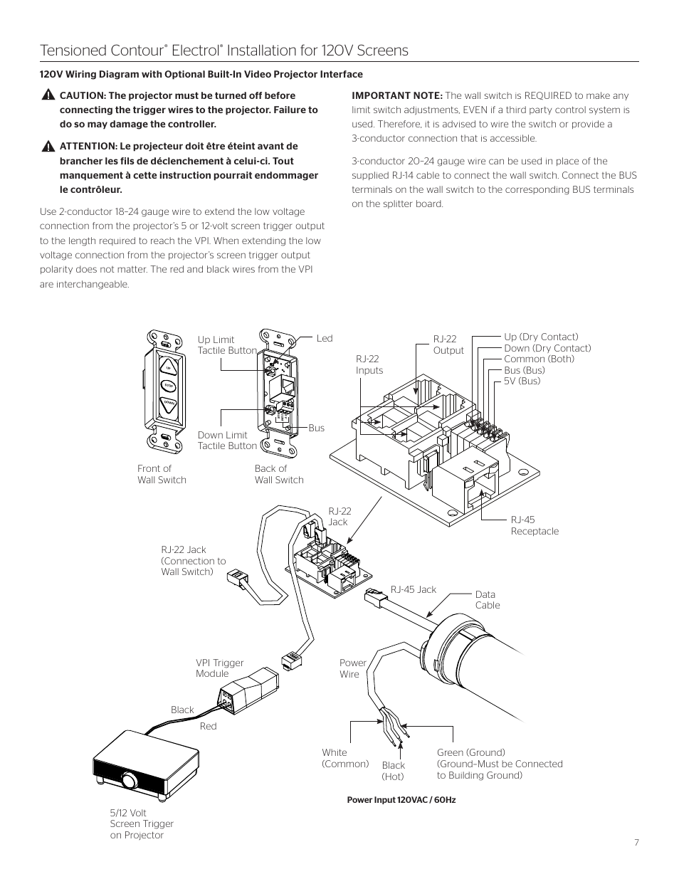 Tensioned contour, Electrol, Installation for 120v screens | Front of wall switch bus | Da-Lite Tensioned Contour Electrol User Manual | Page 7 / 12