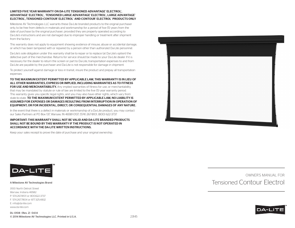 Da-Lite Tensioned Contour Electrol User Manual | 2 pages