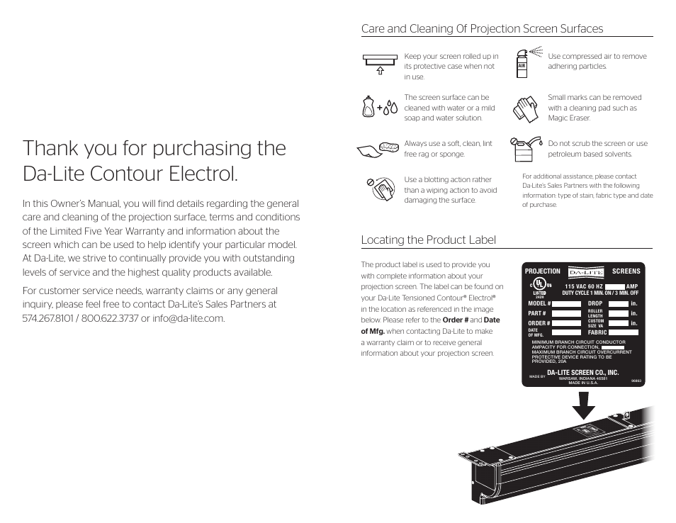 Care and cleaning 0f projection screen surfaces, Locating the product label | Da-Lite Tensioned Contour Electrol User Manual | Page 2 / 2