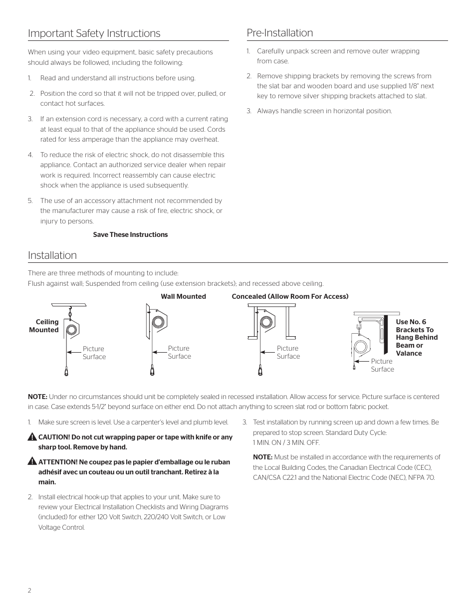 Important safety instructions, Pre-installation installation | Da-Lite Tensioned Cosmopolitan Electrol User Manual | Page 2 / 8