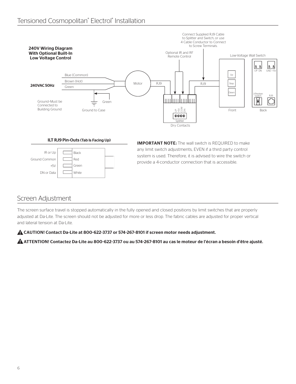 Tensioned cosmopolitan, Electrol, Installation screen adjustment | Da-Lite Tensioned Cosmopolitan Electrol User Manual | Page 6 / 8