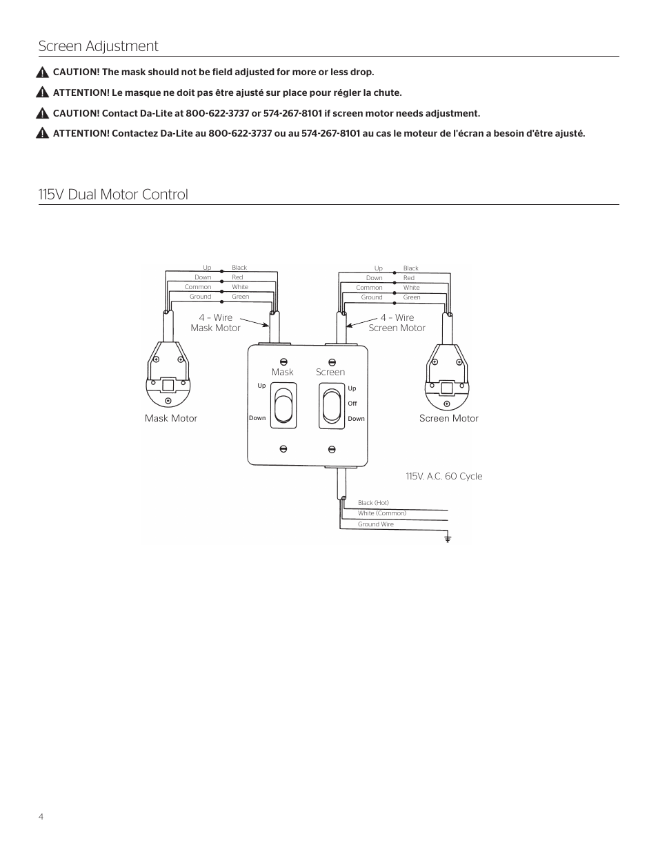 Screen adjustment 115v dual motor control | Da-Lite Tensioned Dual Masking Electrol User Manual | Page 4 / 8