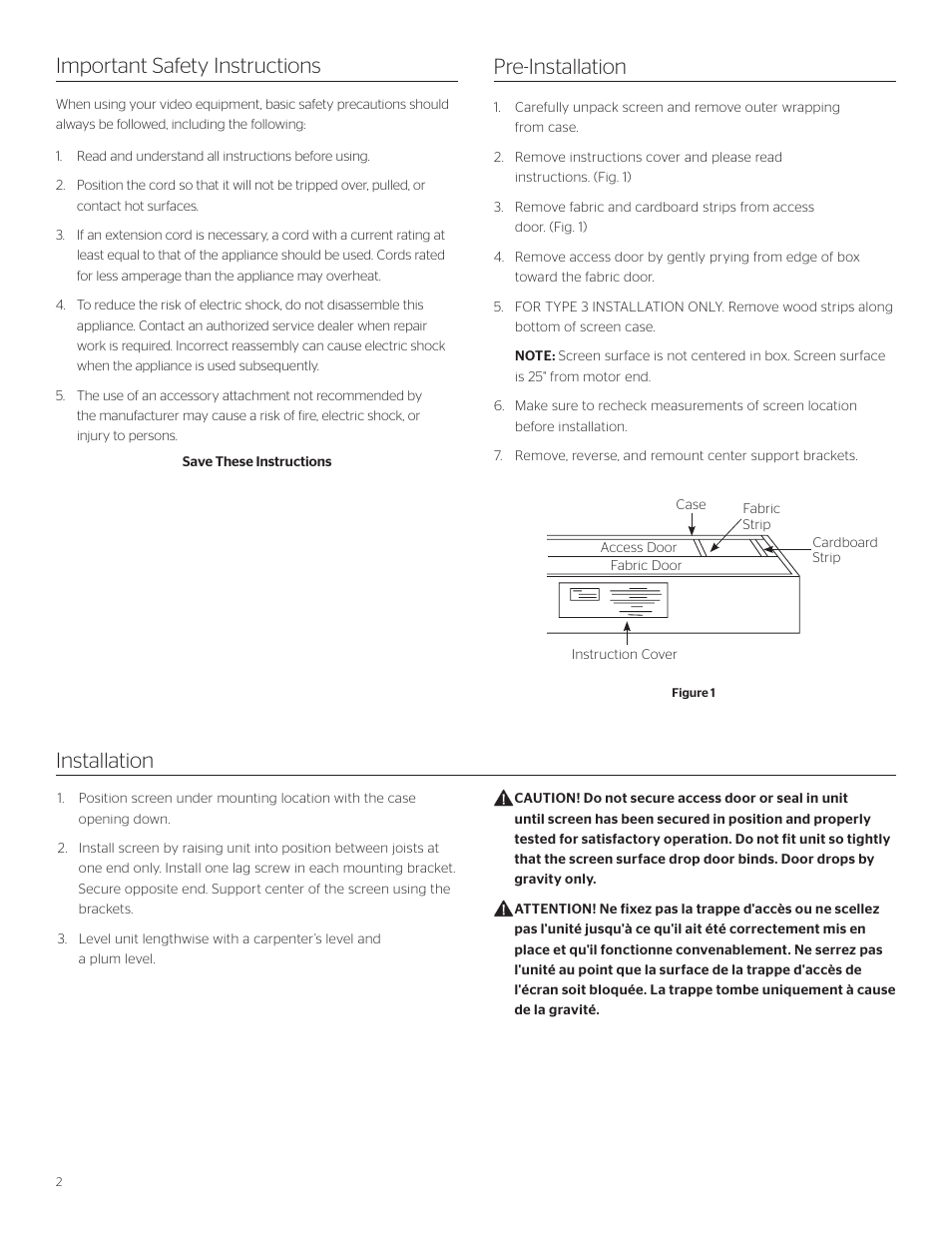 Pre-installation important safety instructions, Installation | Da-Lite Tensioned Executive Electrol User Manual | Page 2 / 12