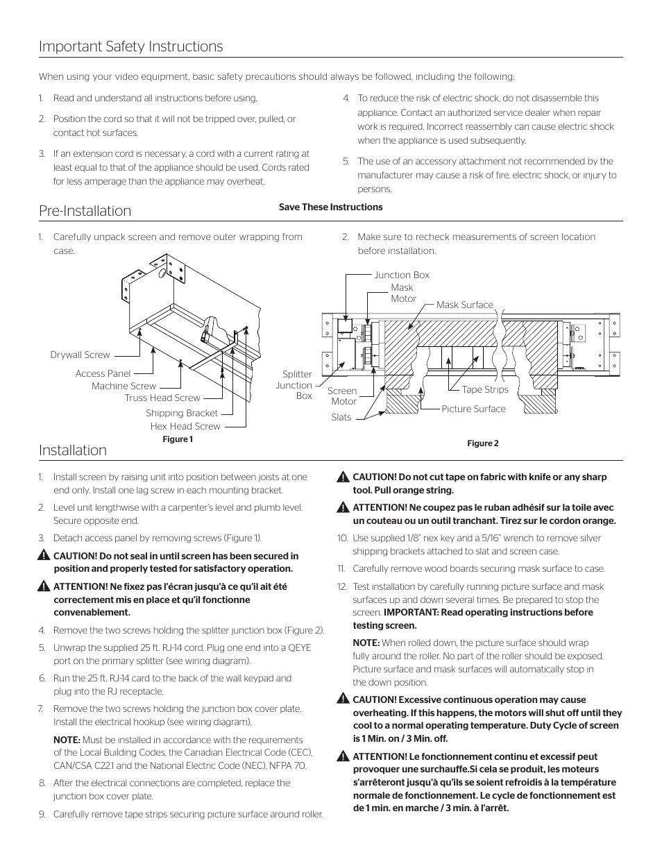 Pre-installation installation, Important safety instructions | Da-Lite Tensioned Horizon Electrol User Manual | Page 2 / 8