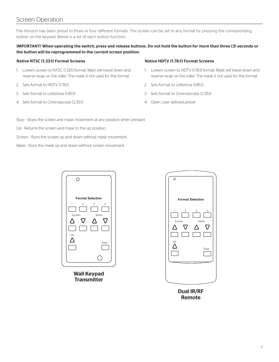 Screen operation, Wall keypad transmitter dual ir/rf remote | Da-Lite Tensioned Horizon Electrol User Manual | Page 3 / 8