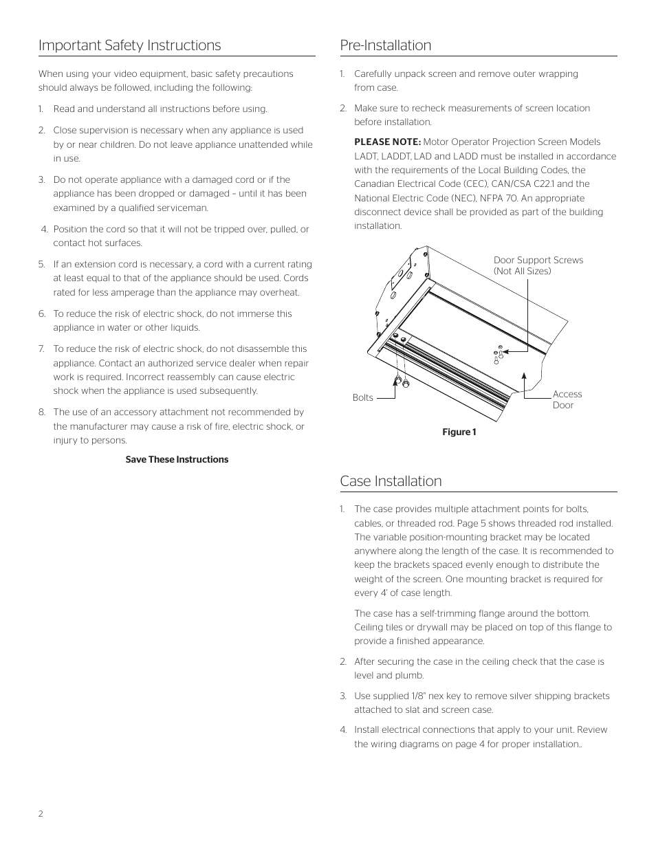 Case installation important safety instructions, Pre-installation | Da-Lite Tensioned Large Advantage Deluxe Electrol User Manual | Page 2 / 8