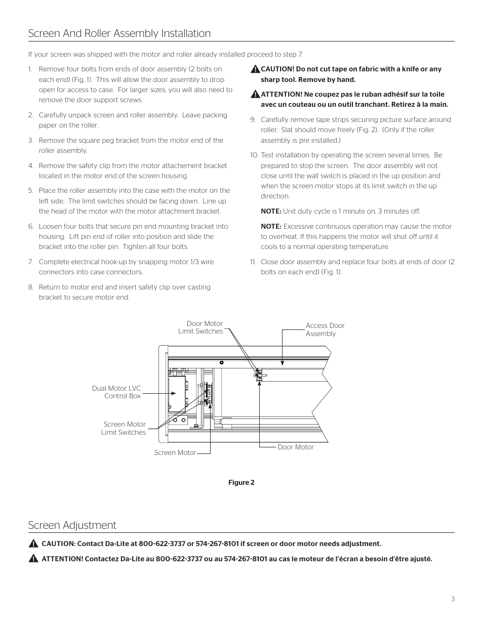 Screen and roller assembly installation, Screen adjustment | Da-Lite Tensioned Large Advantage Deluxe Electrol User Manual | Page 3 / 8