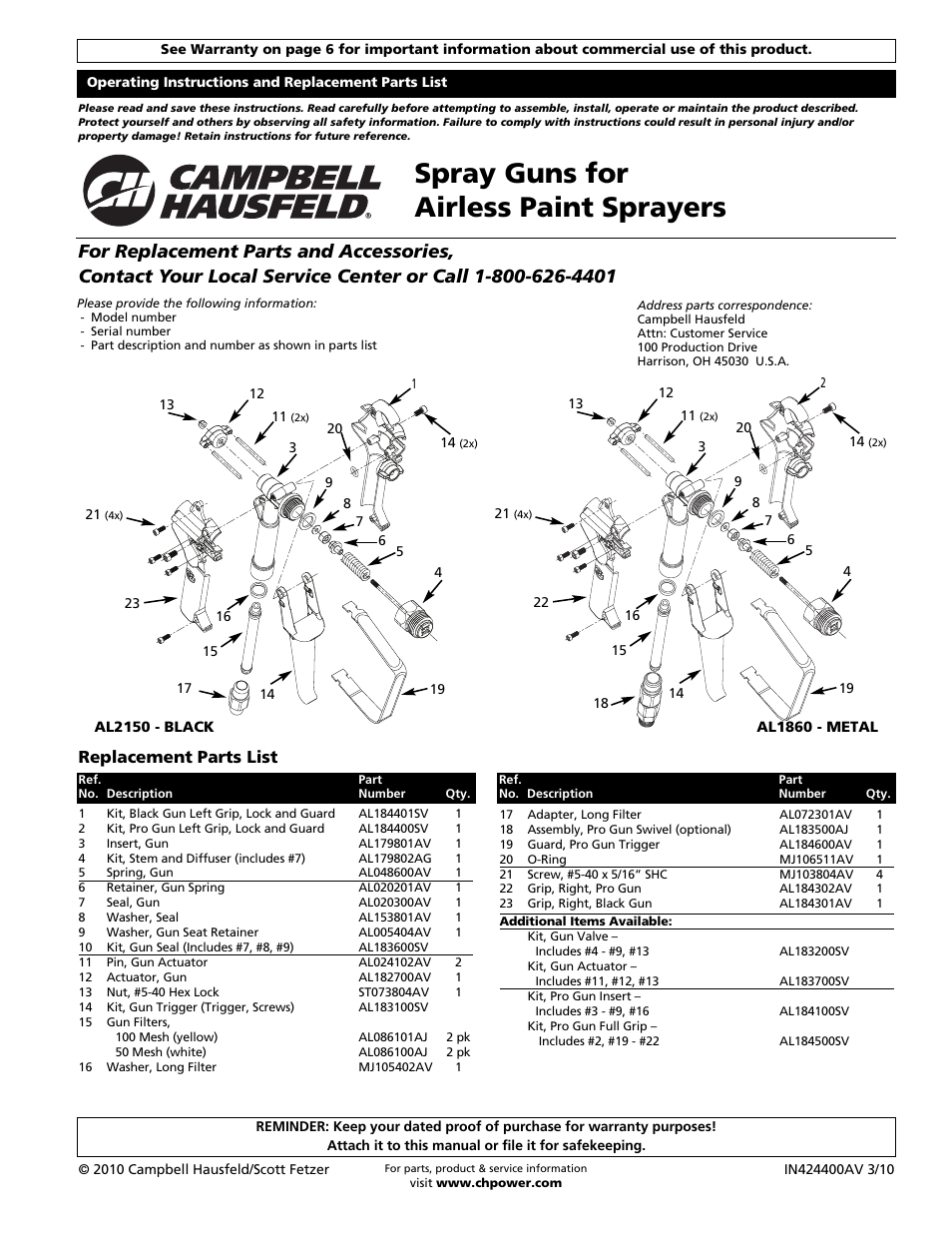 Campbell Hausfeld AL1860 User Manual | 20 pages