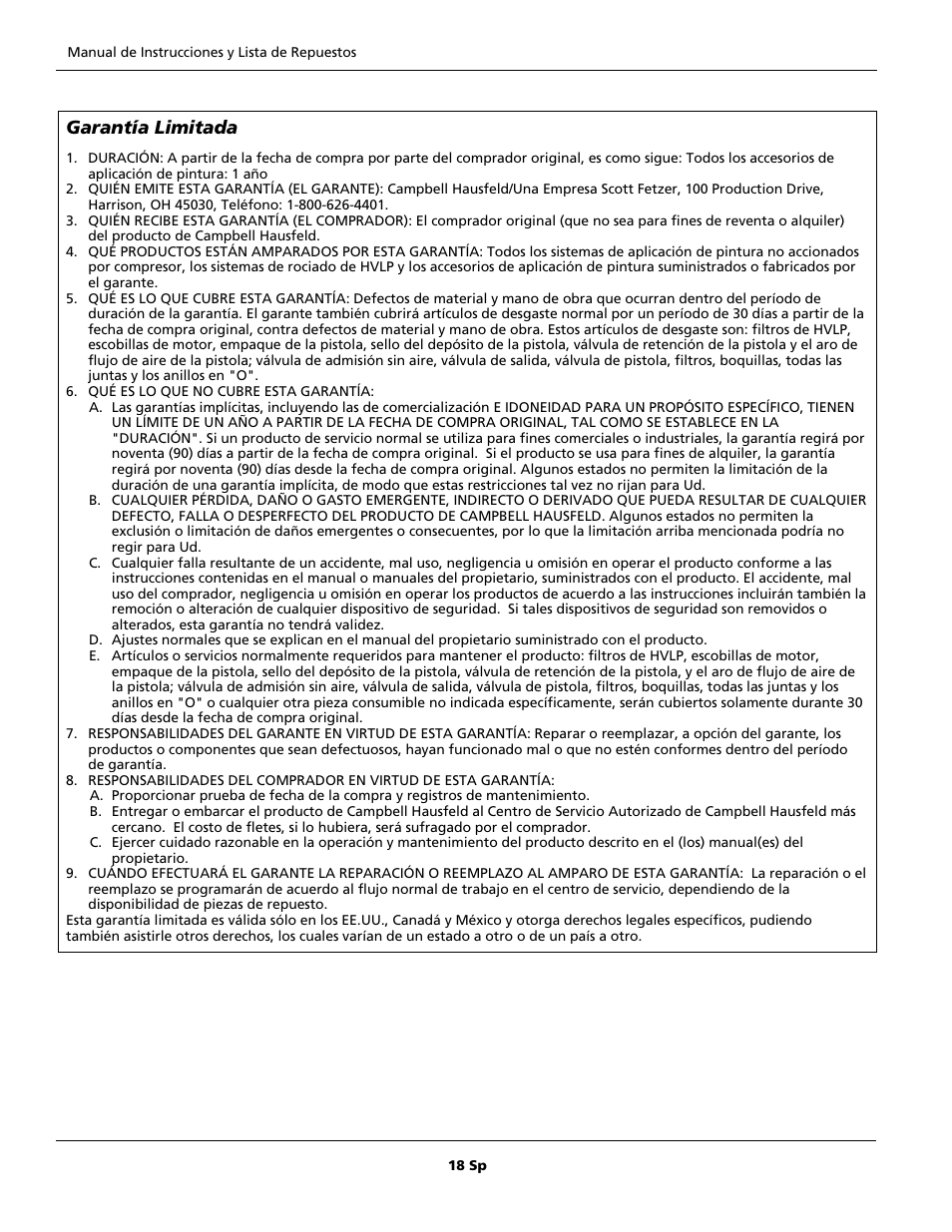 Garantía limitada | Campbell Hausfeld AL1860 User Manual | Page 18 / 20