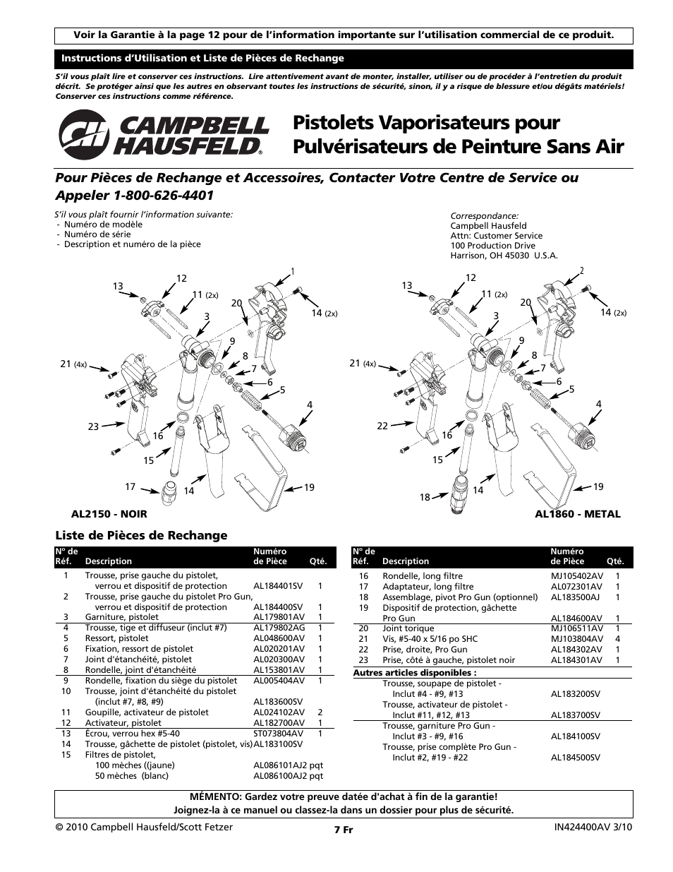 Liste de pièces de rechange | Campbell Hausfeld AL1860 User Manual | Page 7 / 20