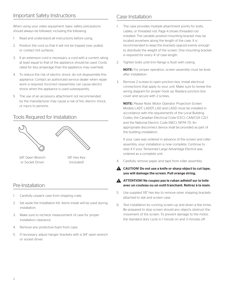 Tools required for installation, Case installation important safety instructions, Pre-installation | Da-Lite Tensioned Large Advantage Electrol User Manual | Page 2 / 12