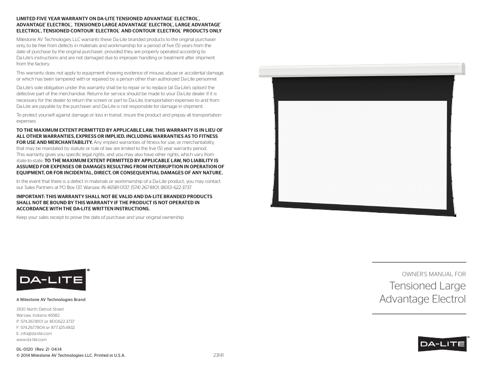 Da-Lite Tensioned Large Advantage Electrol User Manual | 2 pages