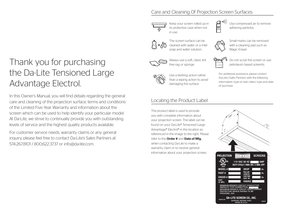 Da-Lite Tensioned Large Advantage Electrol User Manual | Page 2 / 2