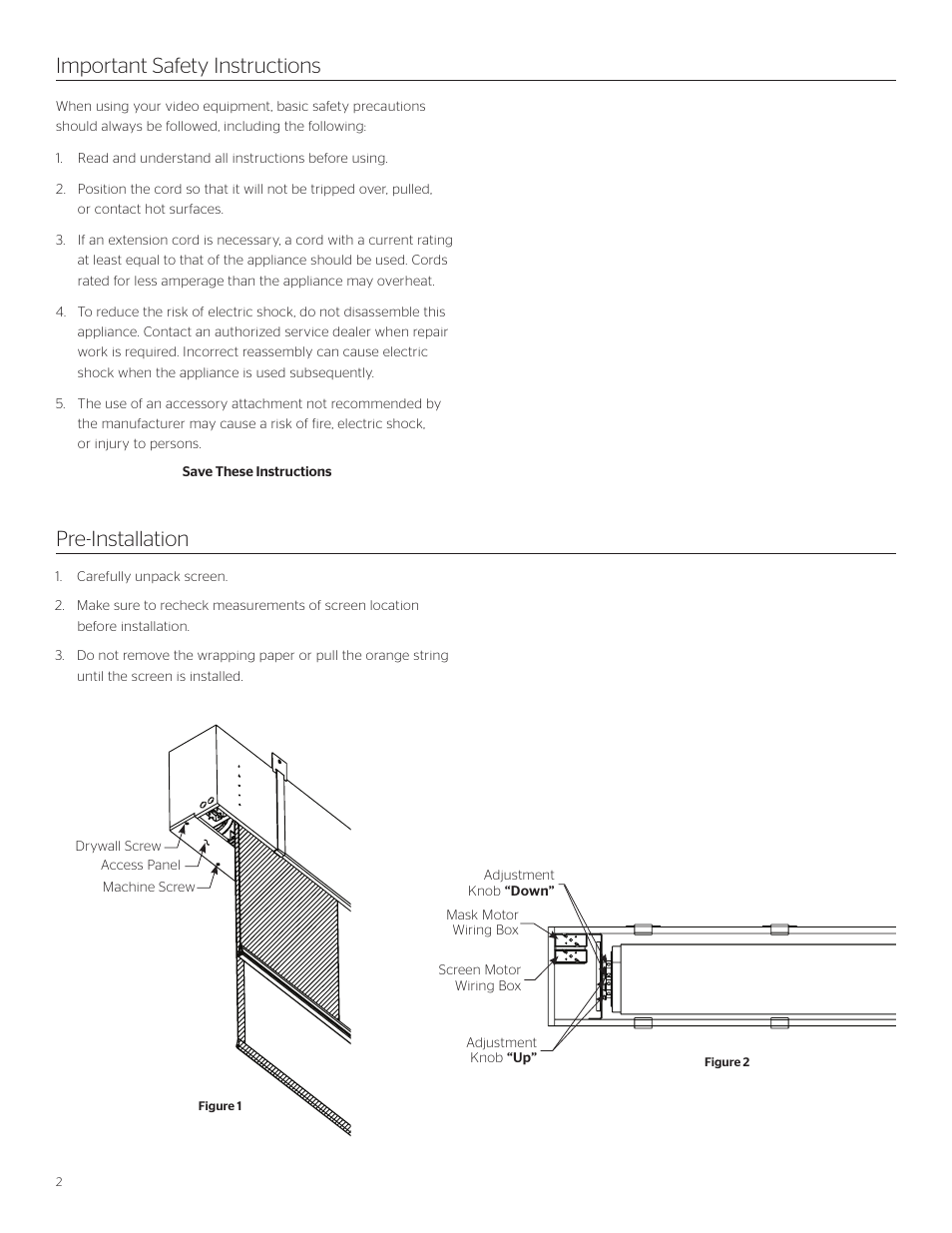 Pre-installation, Important safety instructions | Da-Lite Tensioned Large Dual Masking Electrol User Manual | Page 2 / 8
