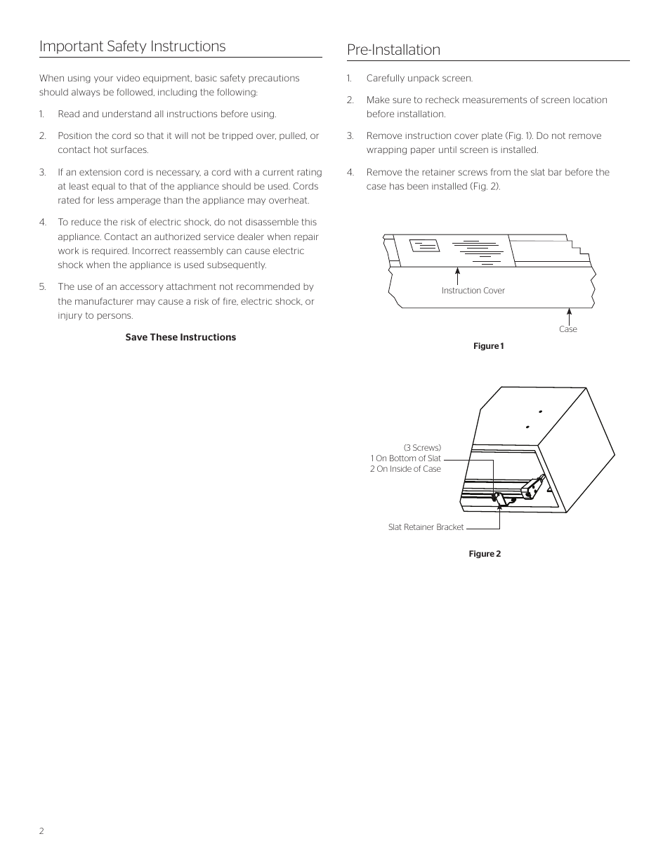 Important safety instructions, Pre-installation | Da-Lite Tensioned Professional Electrol User Manual | Page 2 / 8