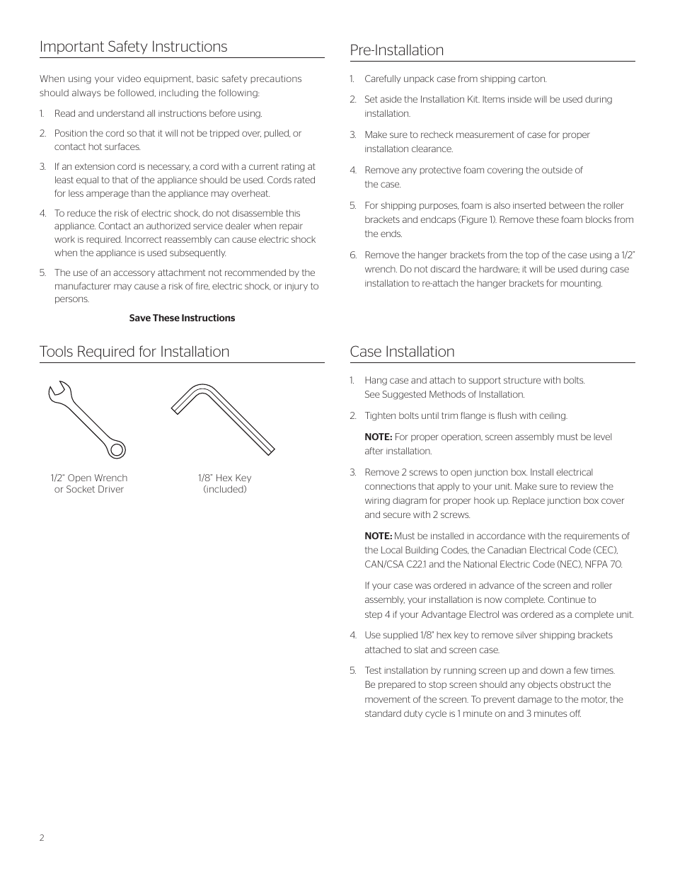 Tools required for installation, Case installation important safety instructions, Pre-installation | Da-Lite ViewShare Advantage Electrol User Manual | Page 2 / 12