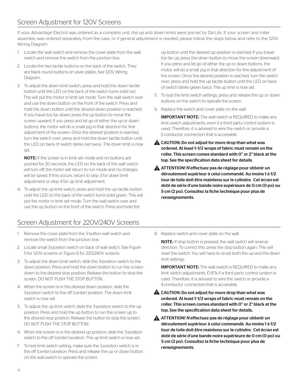 Screen adjustment for 120v screens | Da-Lite ViewShare Advantage Electrol User Manual | Page 4 / 12