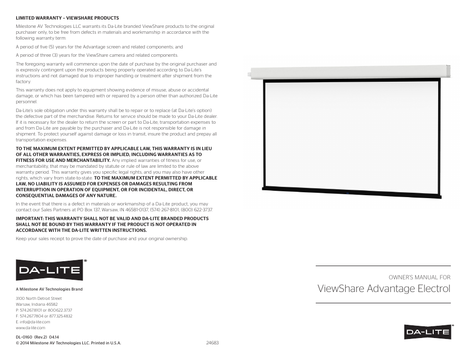 Da-Lite ViewShare Advantage Electrol User Manual | 2 pages