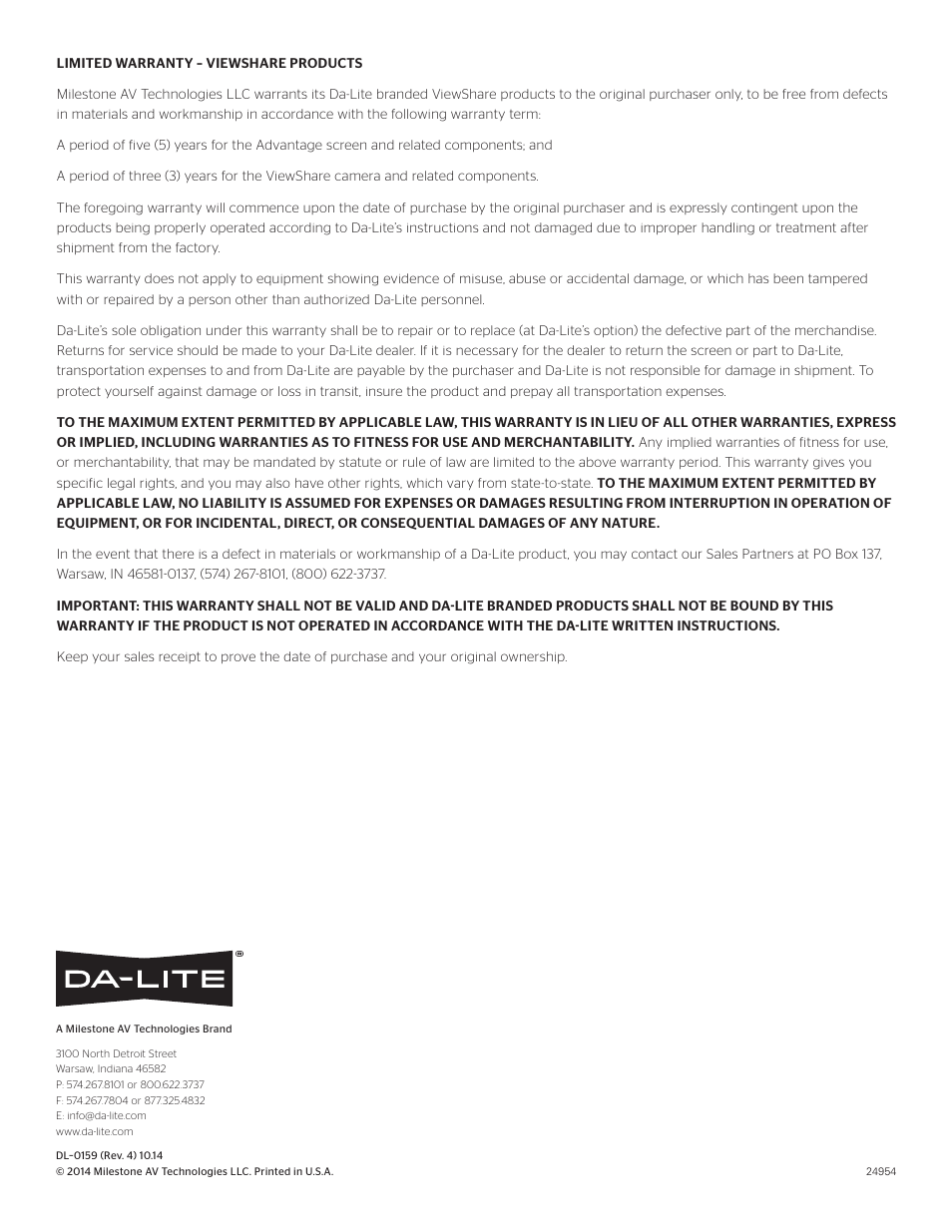 Da-Lite ViewShare Tensioned Advantage Electrol User Manual | Page 12 / 12
