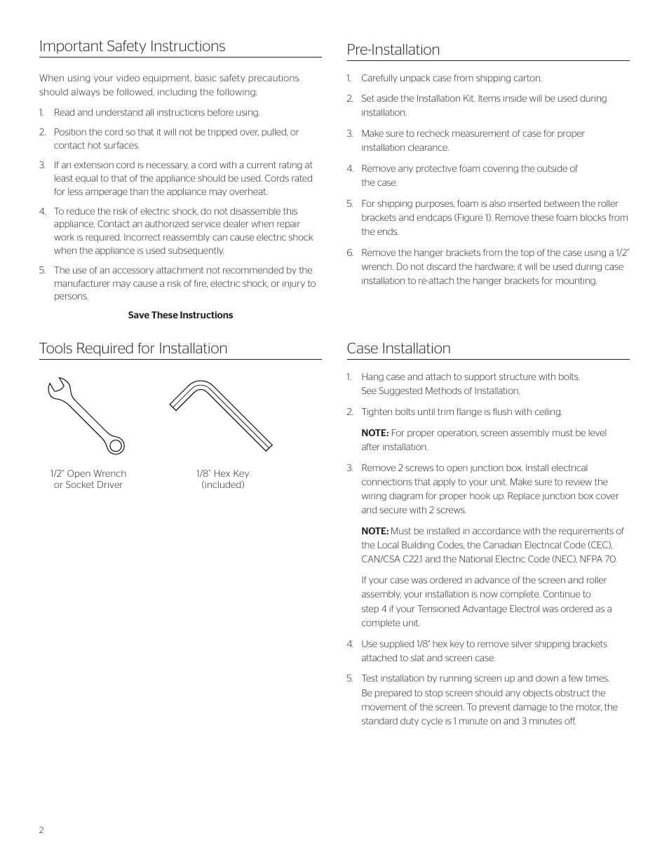 Tools required for installation, Case installation important safety instructions, Pre-installation | Da-Lite ViewShare Tensioned Advantage Electrol User Manual | Page 2 / 12