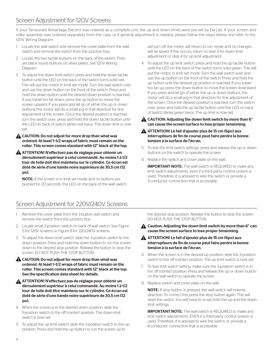 Screen adjustment for 120v screens | Da-Lite ViewShare Tensioned Advantage Electrol User Manual | Page 4 / 12