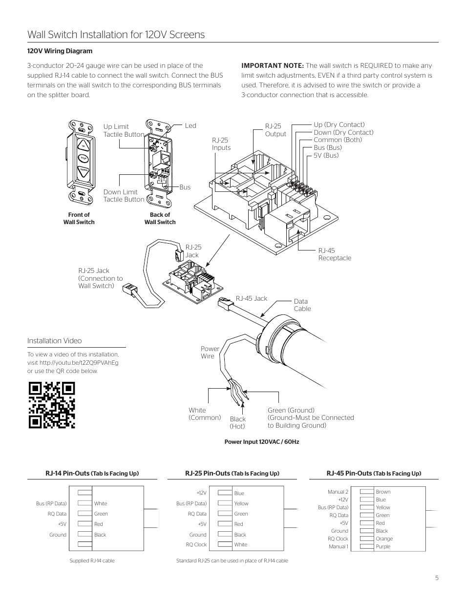 Wall switch installation for 120v screens, Installation video, Rj-25 pin-outs | Rj-45 pin-outs | Da-Lite ViewShare Tensioned Advantage Electrol User Manual | Page 5 / 12