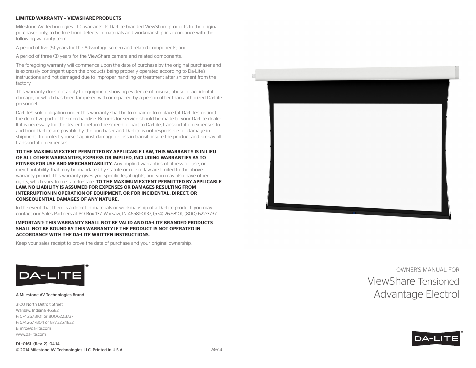 Da-Lite ViewShare Tensioned Advantage Electrol User Manual | 2 pages
