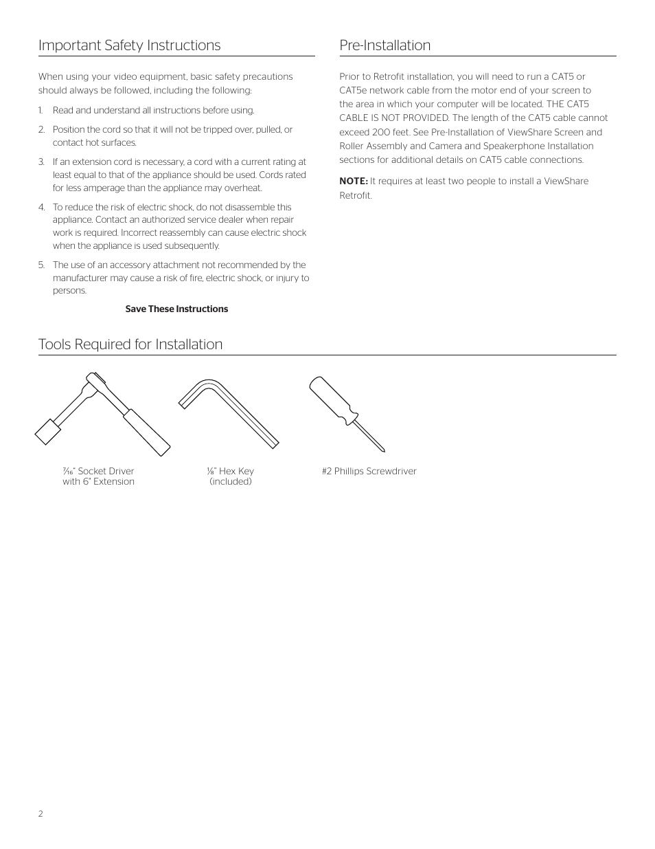 Pre-installation | Da-Lite ViewShare Tensioned Advantage Retrofit User Manual | Page 2 / 20