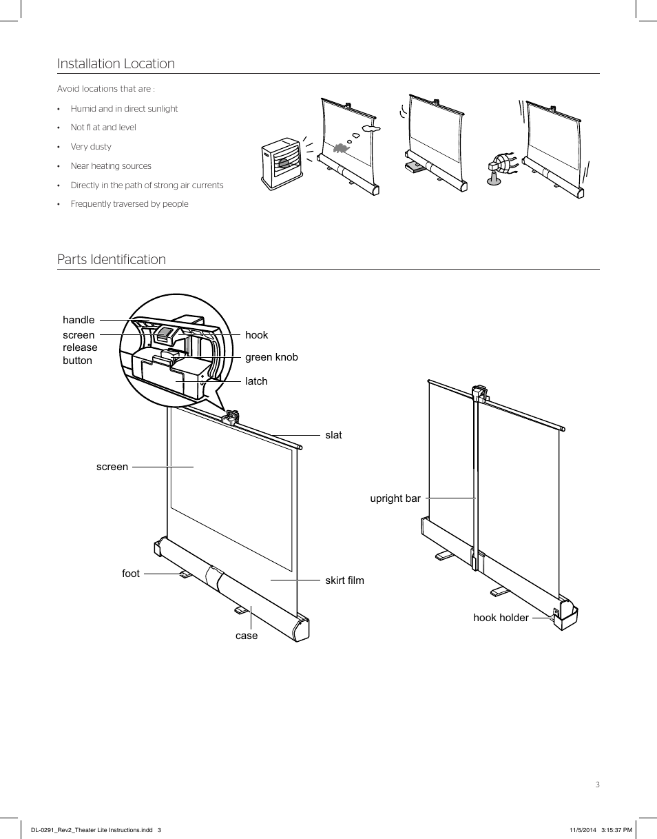 Installation places, Parts identification, Installation location parts identification | Da-Lite Theater-Lite User Manual | Page 3 / 8