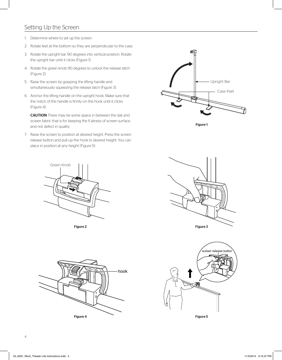 Setting up the screen, Anchor the lifting handle on the upright hook | Da-Lite Theater-Lite User Manual | Page 4 / 8