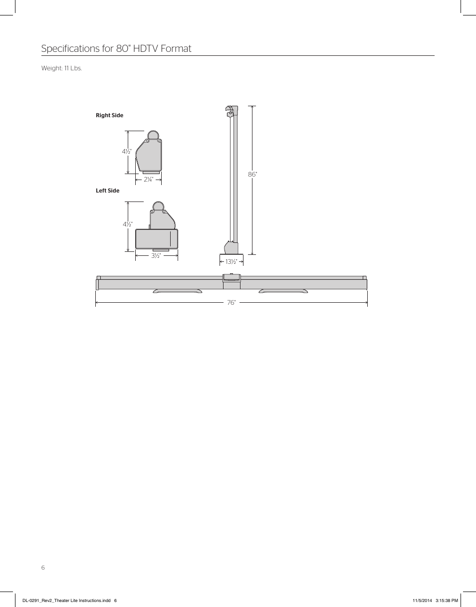 Specifications for 80" hdtv format | Da-Lite Theater-Lite User Manual | Page 6 / 8