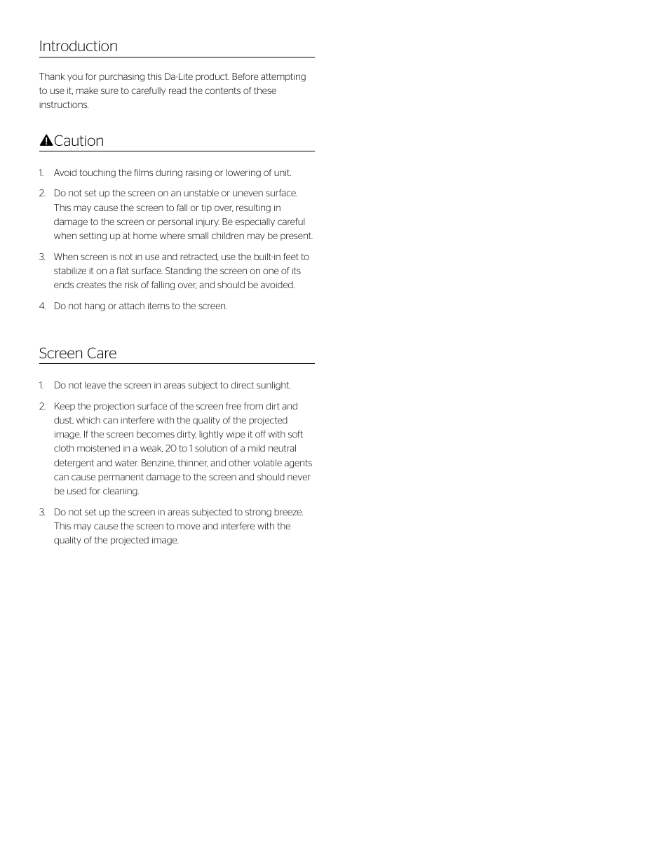 Introduction caution screen care | Da-Lite Deluxe Insta-Theater User Manual | Page 2 / 8
