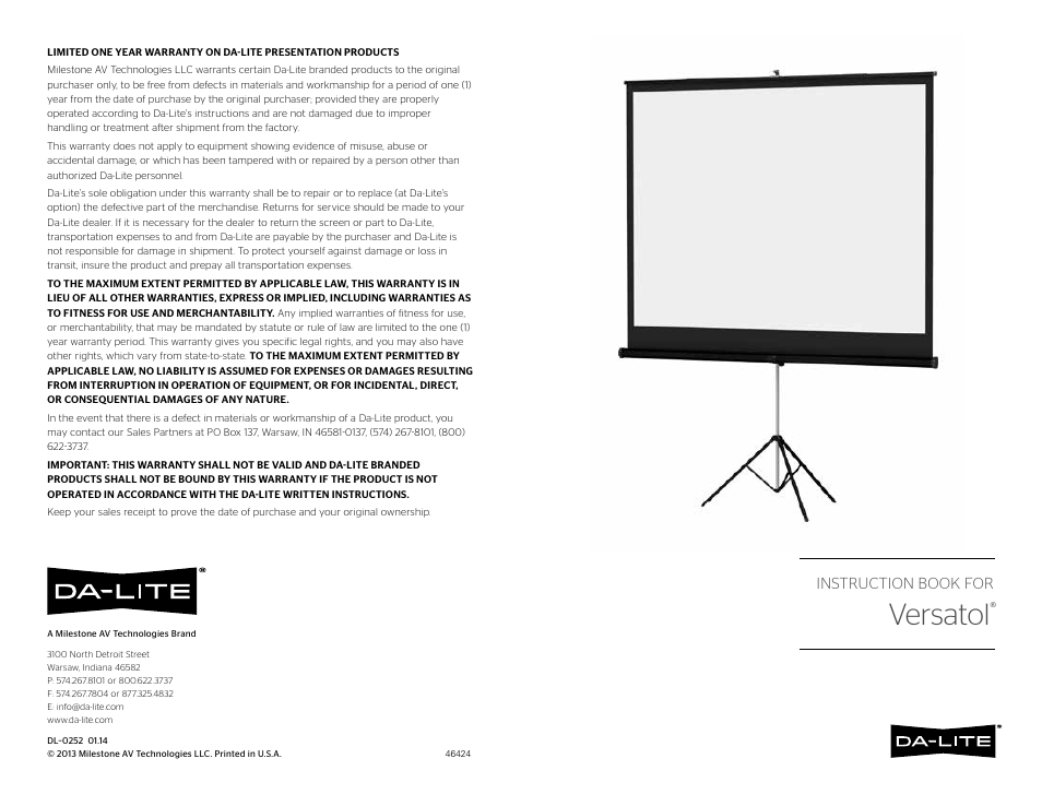 Da-Lite Versatol User Manual | 2 pages