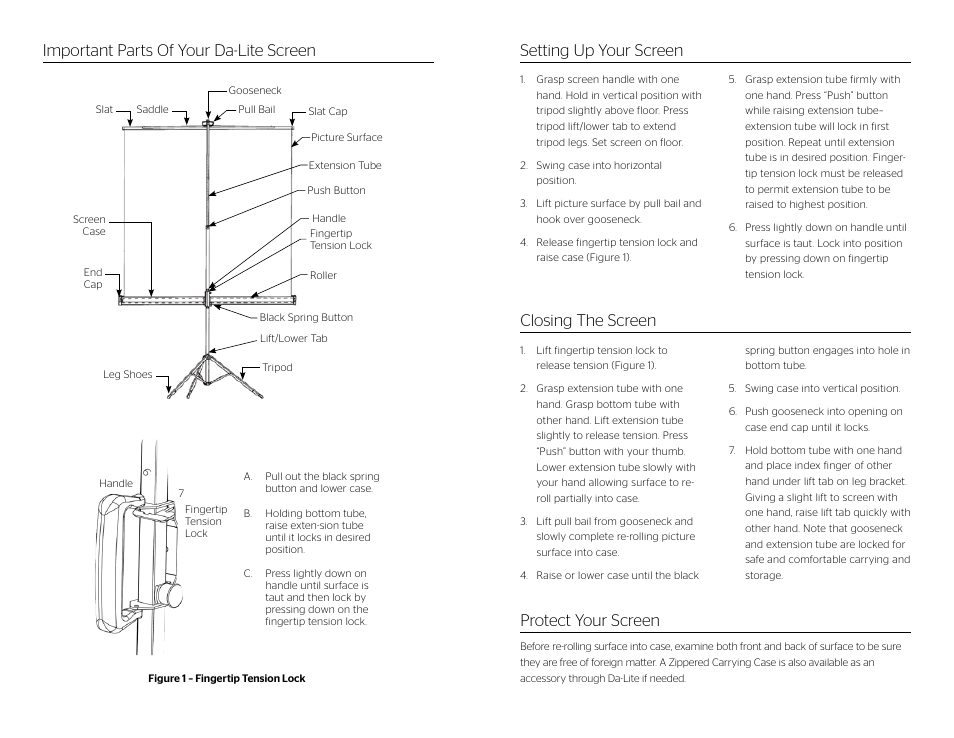 Important parts of your da-lite screen, Setting up your screen, Closing the screen | Protect your screen | Da-Lite Versatol User Manual | Page 2 / 2