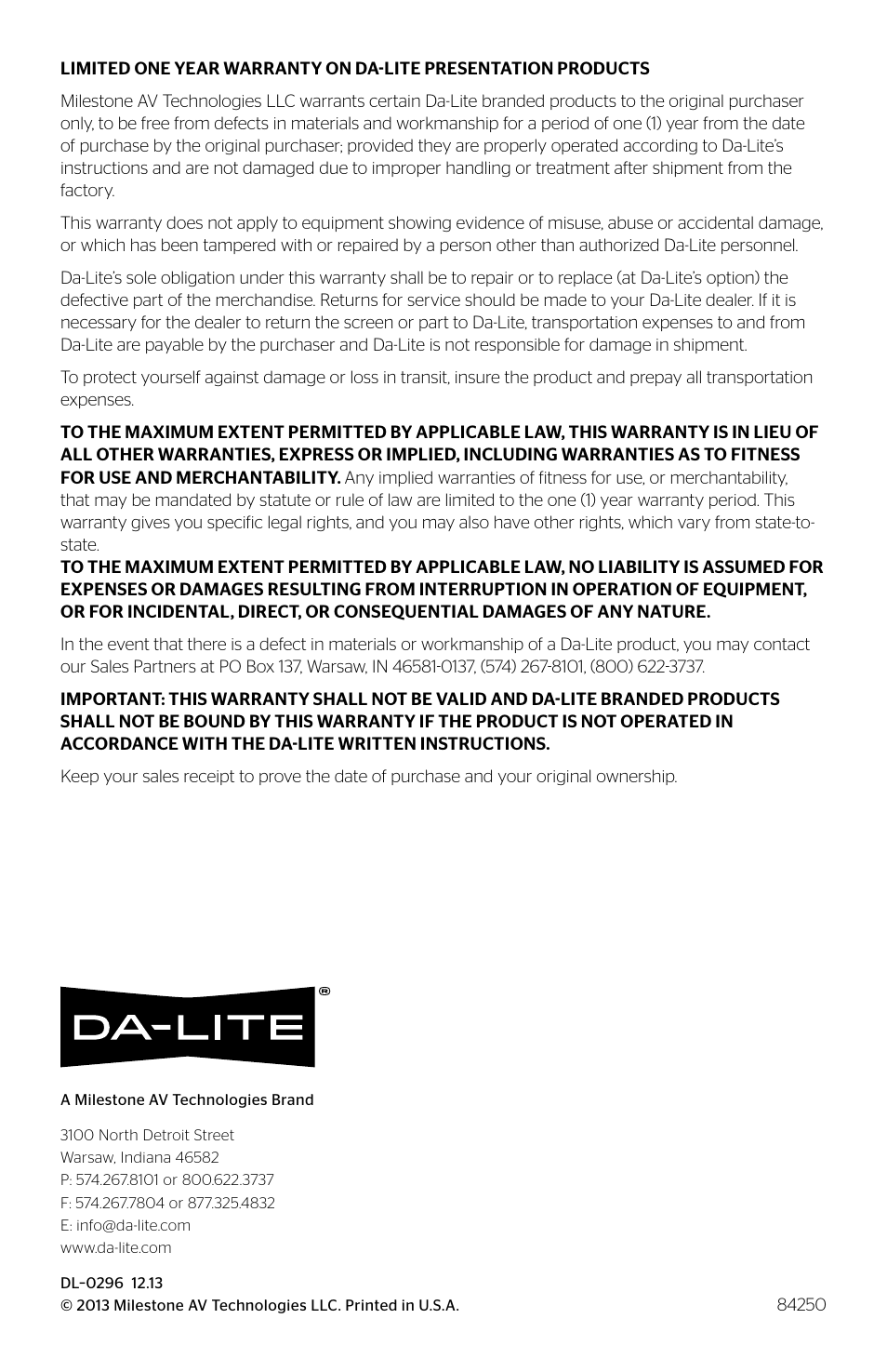 Da-Lite Presenter User Manual | Page 8 / 8