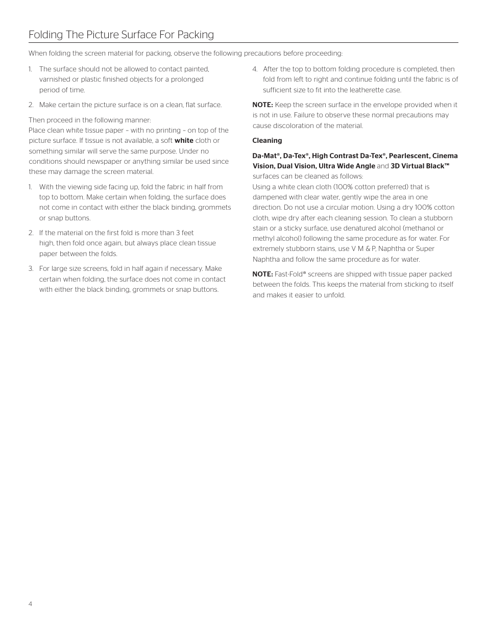 Folding the picture surface for packing | Da-Lite Fast-Fold Deluxe Screen System User Manual | Page 4 / 8