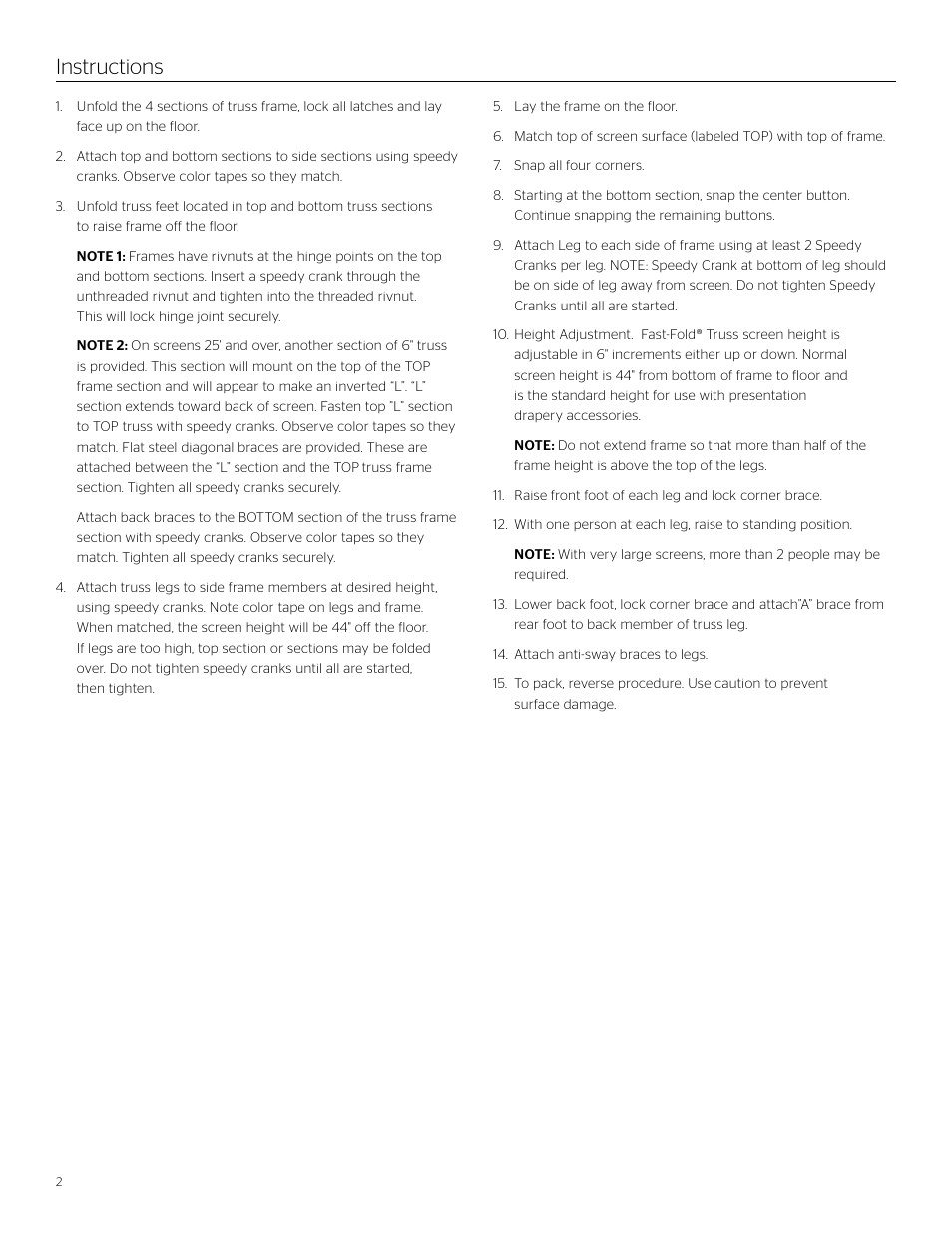 Instructions | Da-Lite Fast-Fold Truss Frame Screens User Manual | Page 2 / 4