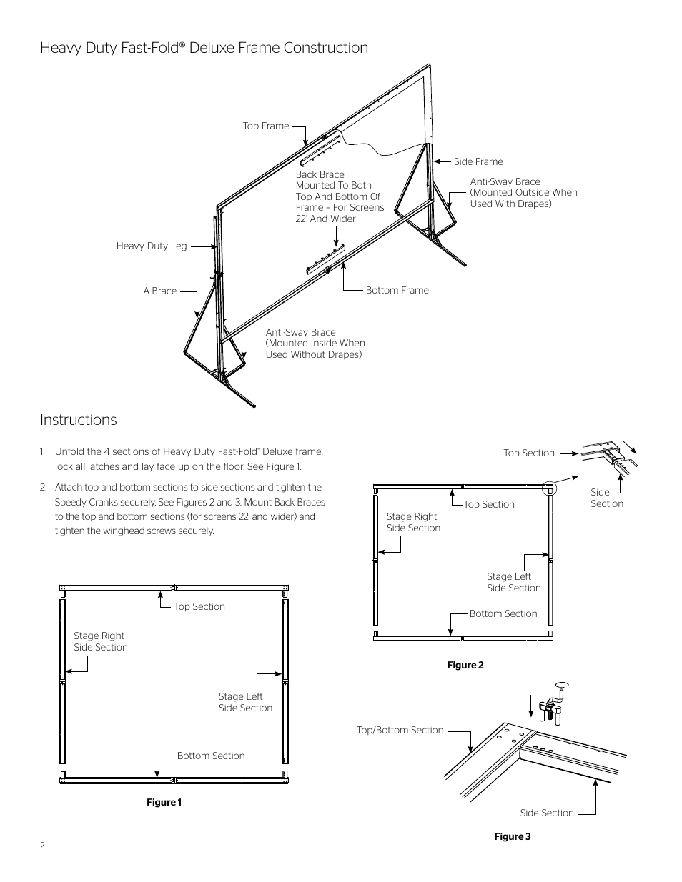 Instructions, Heavy duty fast-fold® deluxe frame construction | Da-Lite Heavy Duty Fast-Fold Deluxe Screen System User Manual | Page 2 / 4