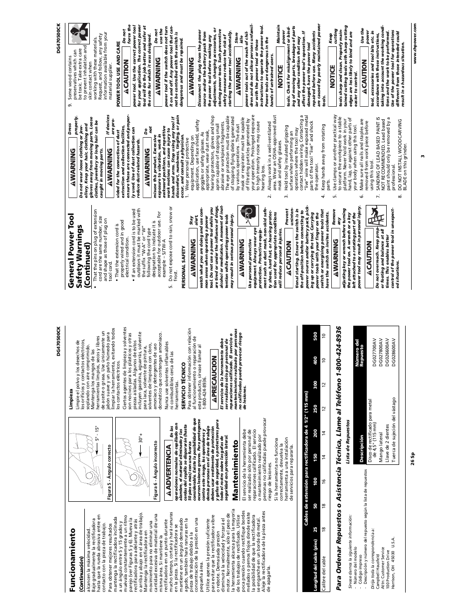 Funcionamiento, General power t ool safety w a rnings (continued), Mantenimiento | Campbell Hausfeld DG470500CK User Manual | Page 3 / 14