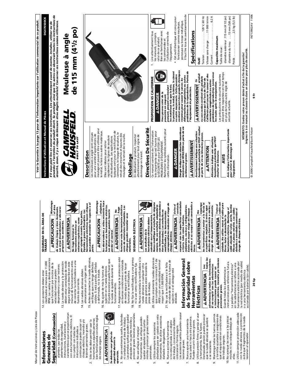 Meuleuse à angle de 115 mm (4, Informaciones generales de seguridad, Description | Déballage, Dir ectives de sécurité, Spé cifications | Campbell Hausfeld DG470500CK User Manual | Page 9 / 14